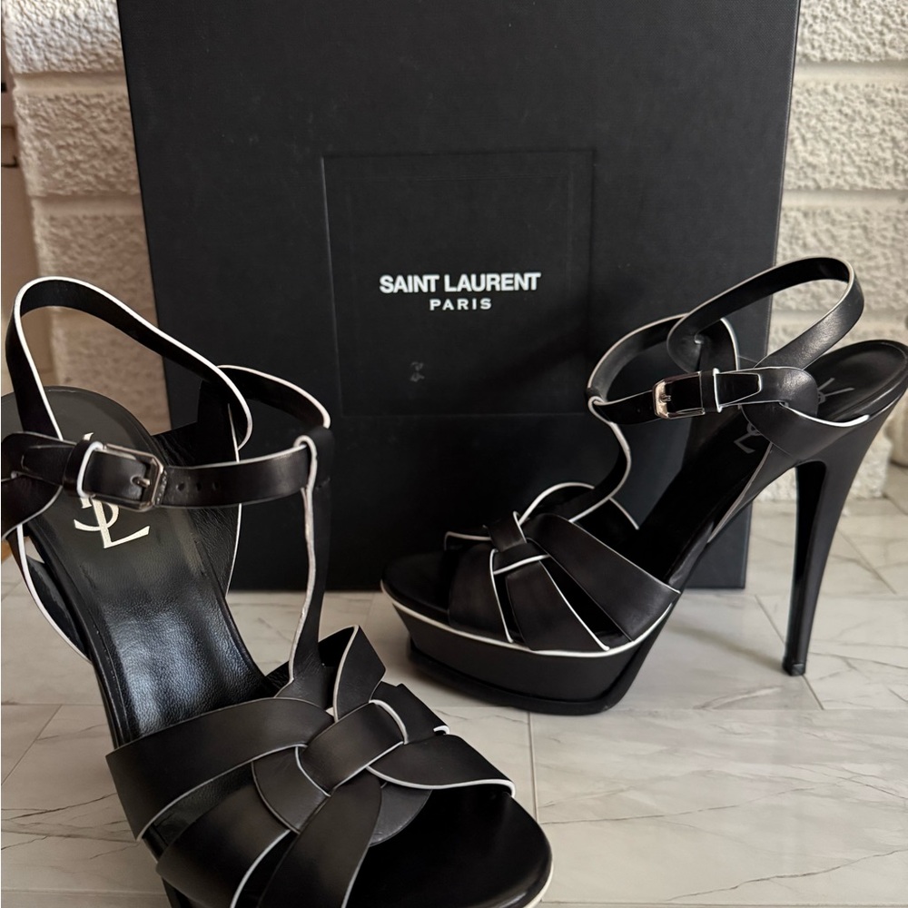 Saint Laurent Tribute Black and White Strappy Heels